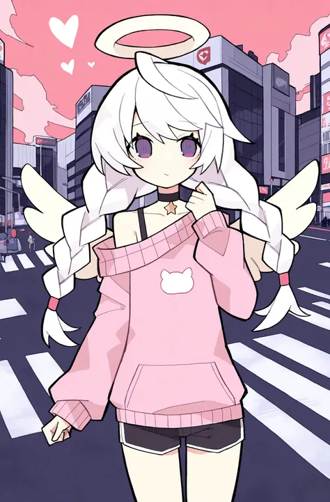 masterpiece, best quality, kocha22 legacy, 1girl, solo, wings, halo, twin braids, long hair, braid, purple eyes, looking at viewer, angel wings, white wings, long sleeves, building, feathered wings, white hair, pink sweater, heart, off shoulder, shorts, cl...