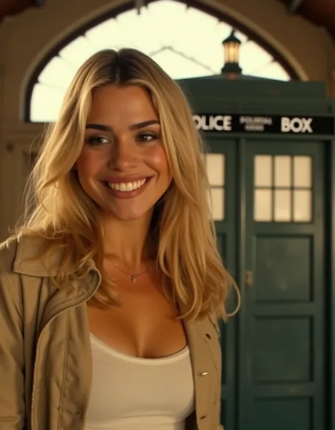 <lora:Billie_Piper_Flux:1>This is a high-resolution photograph capturing a close-up of a young woman with blonde, wavy hair and fair skin. She is smiling warmly, revealing straight, white teeth. Her makeup is subtle, with a focus on her eyes, which are acc...