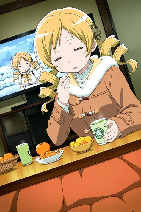 1girl, tomoe mami, kotatsu, coat, = =, nabe, sweat, dutch angle, television, fruit, green tea, 
masterpiece, best quality, anime screenshot, absurdres, highres,