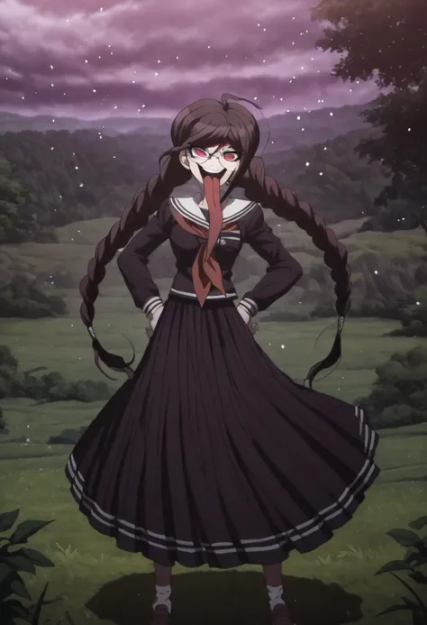 (((solo))), masterpiece, best quality, very aesthetic,  modern, modern anime,  newest, absurdres, highres, aerial view , caring expression  , (((solo))),danganronpa_(series),<lora:Toko_Fukawa_Illustrious:1>,  This is an anime screencap from Danganronpa 3. ...