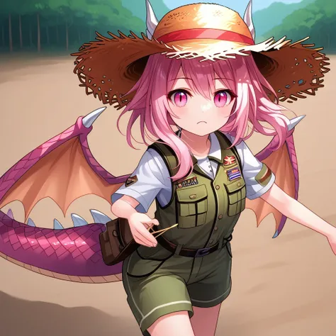 straw hat, rin, pink eyes, adventure uniform, dragonoid