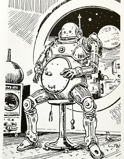 <lora:migunoff:1>, This image is a detailed, black and white, hand-drawn comic strip, rendered in a classic, inked style. The scene depicts a futuristic, science fiction setting. In the foreground, a humanoid robot with a large, round head, a prominent ant...