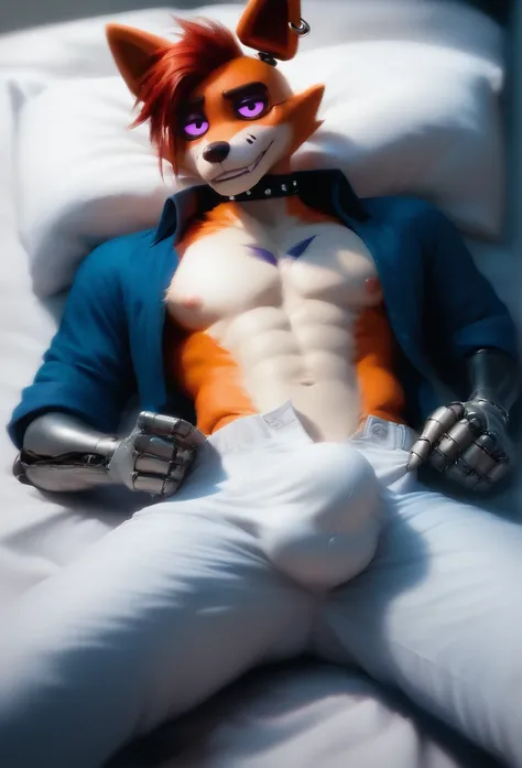 score_9, score_8_up, score_7_up, realism, high quality, furry, male, fox, red hair, purple eye, robot, android, animatronic, open button shirt, black trouser, lie on bed, shy, cybernetic forearm, ear ring, nice perspective, nice angle, collar, pull down pa...