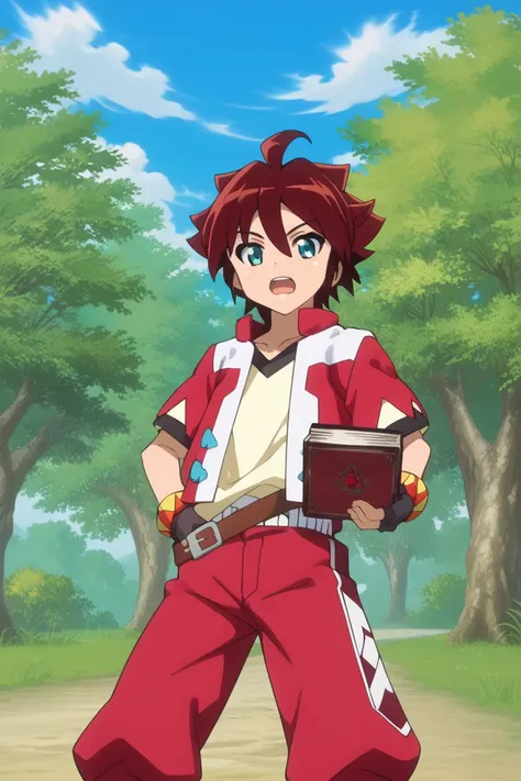 score_9, score_8_up, score_7_up, score_6_up, score_5_up,score_4_up,source_anime
hiro enryu, red hair, blue eyes, red jacket, yellow shirt, 1boy, male focus, fingerless gloves, solo, gloves, open mouth, book, belt, tree, day, ahoge, sky, cloud, outdoors, re...