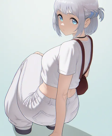 sfw, 1girl, solo, clothed,
katsuragi lilja, idolmaster, grey hair, short hair, blue eyes,
:<,
BREAK,
from side,
full body,
aqua background,
masterpiece, best quality, absurdres