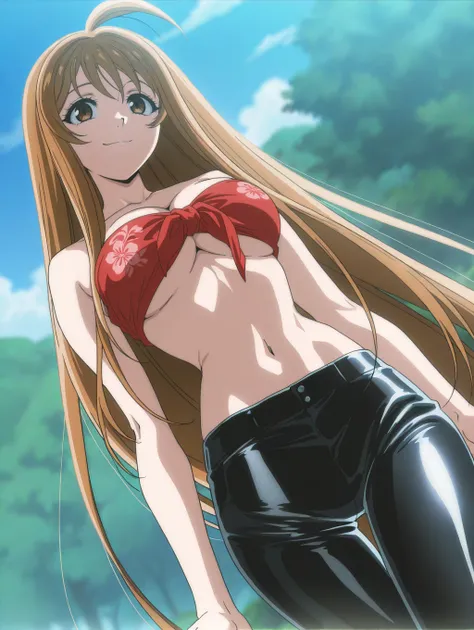 masterpiece, best quality, amazing quality, very aesthetic, absurdres, newest, scenery, best quality, anime screencap, <lora:Aya_Natsume_-_Tengou_Tenge:1> ayanatsume, brown hair, brown eyes, ahoge, very long hair, large breasts,  red shirt ,print shirt,ban...