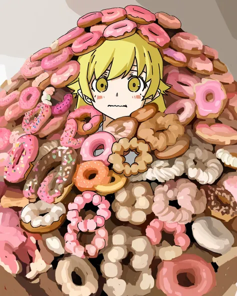 best quality, very aesthetic, very awa, sketch,  jaggy lines,  straight on BREAK
1girl, solo, oshino shinobu, a pile of donuts, donut, head_only, head sticking out, long hair, wavy mouth,
<lora:prasetyoadii22:1>,