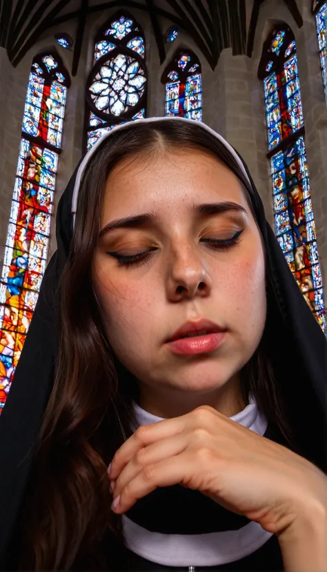 score_9, score_8_up, score_7_up, score_6_up, realistic, 1girl, attractive woman, Authentic share, distant amateur quality phone photo in bad resolution of a stunningly beautiful nun praying with her eyes closed in a cathedral with massive stained glass win...