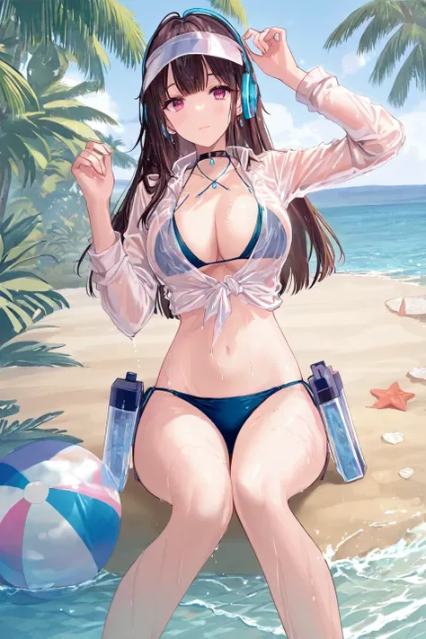 (masterpiece), best quality, amazing quality, very aesthetic, absurdres, newest, 1girl, solo, (cute face), 1girl solo with cute face, yao, yao sparking, sitting on beach, wet, sea, blue bikini, see-through shirt, brown hair, (headphones:0.7),(artist:tokkyu...