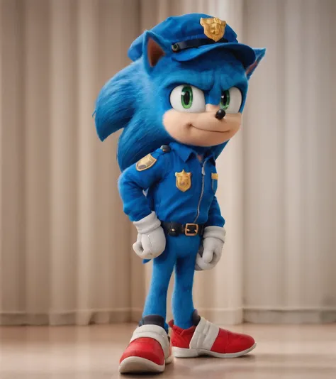 zPDXL3,<lora:SonicMovie1.0_Pony:1>,sonmovi,police_uniform,blue body,green eyes,red shoes,white gloves,short tail,hat,jacket,looking_at_viewer,