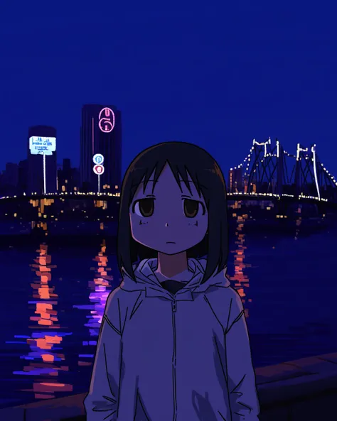 best quality, very aesthetic, very awa, simple background, outdoors, osaka (city), channel, river, bridge, night, neon, signs, building,  BREAK
1girl,  kasuga ayumu, azumanga daioh, upper body, standing, looking at viewer, half-closed eyes,  <lora:prasetyo...