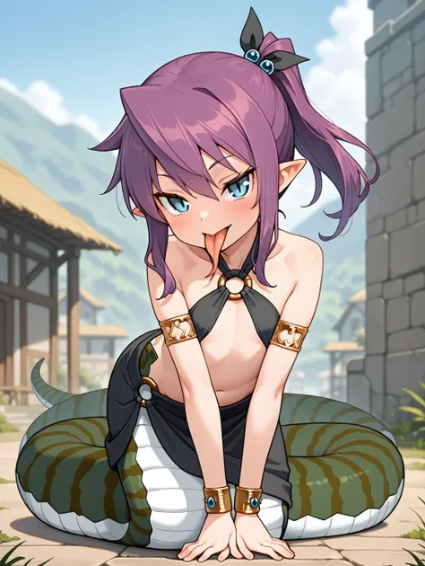 1girl, solo, Teeny, purple hair, ponytail, blue eyes, slit pupils, black skirt, o-ring, black o-ring top, jewelry, pointy ears, lamia,

(dynamic pose), tongue out, forked tongue, full body, 

masterpiece, best quality,amazing quality, very aesthetic, absur...