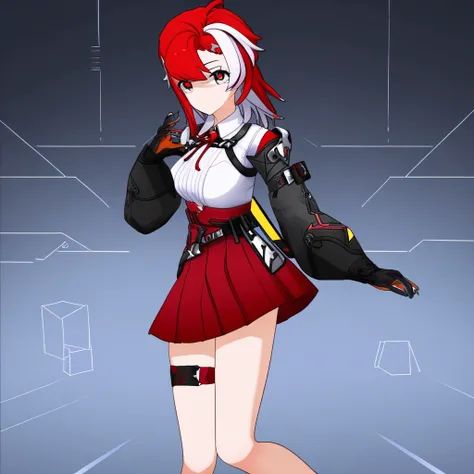 Aika, red hair, white shirt, red skirt, multicolored hair, white hair, gloves, black gloves, red ribbon, grey eyes, thigh strap, neck ribbon, long sleeves,