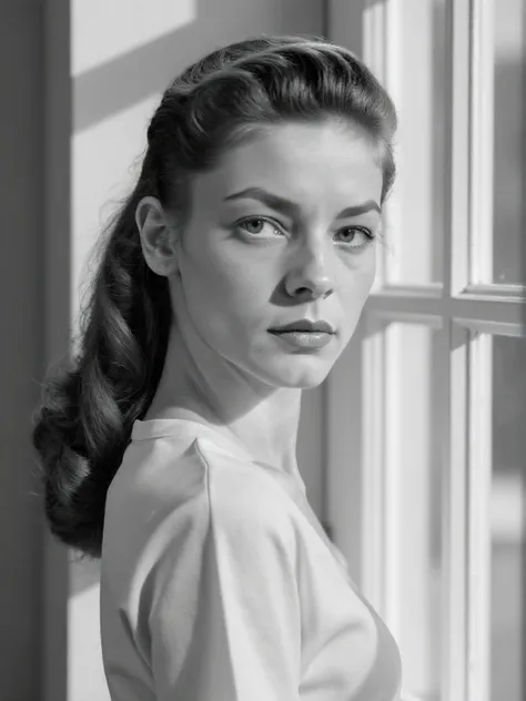 <lora:lauren-bacall:1> woman, brunette, blue eyes, black and white photograph, modest clothes, modest apparel, chest covered, modesty <lora:zz_s_Chest_Size_Slider:-2> professional photography, light refractions, she stands by a large window, sun enters thr...