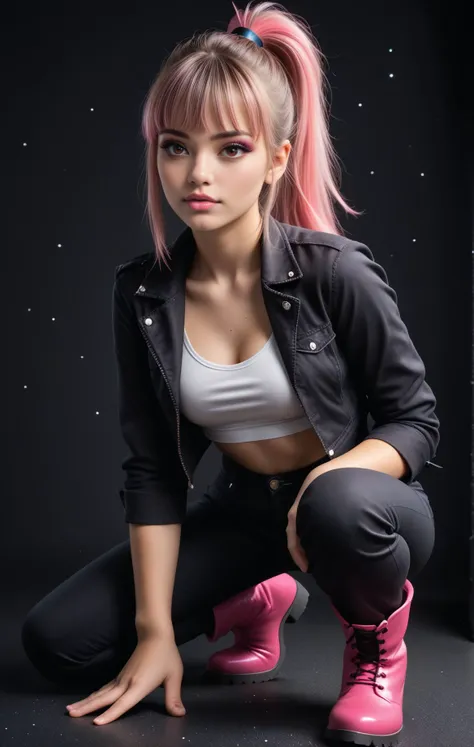 woman, full lips, eyeliner, particles, looking at viewer, chest, (cleavage:0.1), dressed, portrait, dark background, pants, dynamic pose, legs, boots, <lora:Woomy_3:0.6> brown eyes, pink lips, pink highlights, (bangs:1.25), ponytail,, realistic, 4K, ultra ...