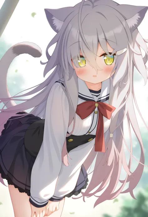 kuro (sakura moyu),
(kedama milk:0.3),(chen bin:0.3),
long hair, cat ears, cat tail, yellow eyes,grey hair, gradient hair, 
school uniform,white shirt,black skirt,official alternate costume,long sleeves, red bow,
standing, 
cowboy shot, 
very awa, masterpi...