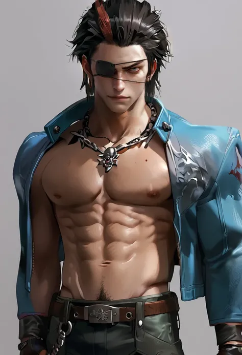 score_9, score_8_up, score_7_up, (masterpiece:1.2), (best quality:1.3), 1boy, aged up, topless, adonis belt, pubic hair peek, from below, <lora:Hwoarang_Tekken:0.8> hwrng_t7, simple background, multicolored hair, eyepatch, jacket, chain necklace