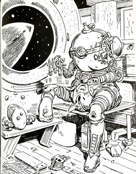 <lora:migunoff:1>, This image is a detailed, black and white, hand-drawn comic strip, rendered in a classic, inked style. The scene depicts a futuristic, science fiction setting. In the foreground, a humanoid robot with a large, round head, a prominent ant...