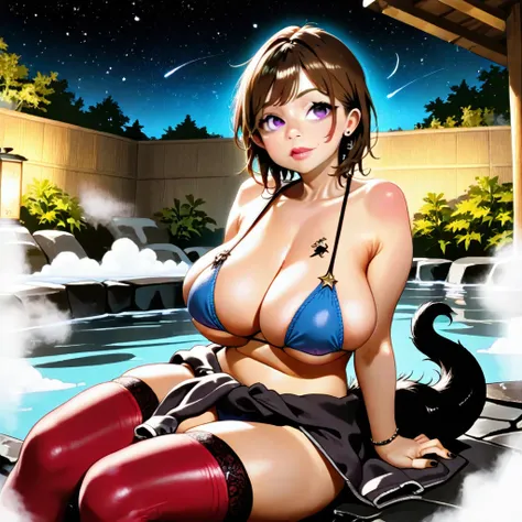 star (sky), underwear, blue bikini, on back, lips, brown hair, tail, sky, purple eyes, black nails, red thighhighs, onsen, huge breasts, short hair, tattoo, hood, small breasts, large breasts, jewelry, clothes around waist, cleavage