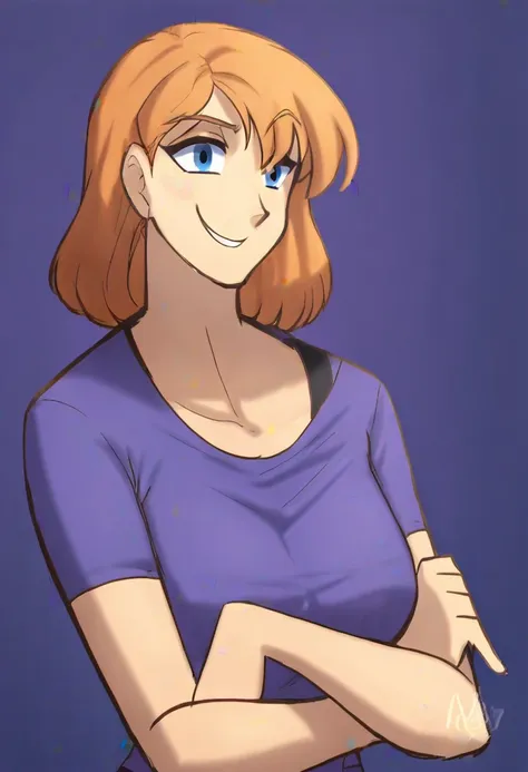 score_9, score_8_up, score_7_up, source_anime, anime screencap, vitani, 1girl,  solo, large breasts, medium hair, blue eyes, , orange hair, blue eyes,  sexy pose, standing, purple shirt, smile,