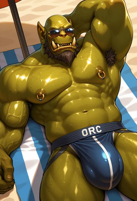 detailed face, detailed body, detailed background, perfect anatomy, masterpiece, high quality, best quality, male focus, beach, lying down, beach towel, umbrella, sunny, dutch angle, orc_wow, orc, tusks, pointy ears, nipple ring, sunglasses, green skin, mu...