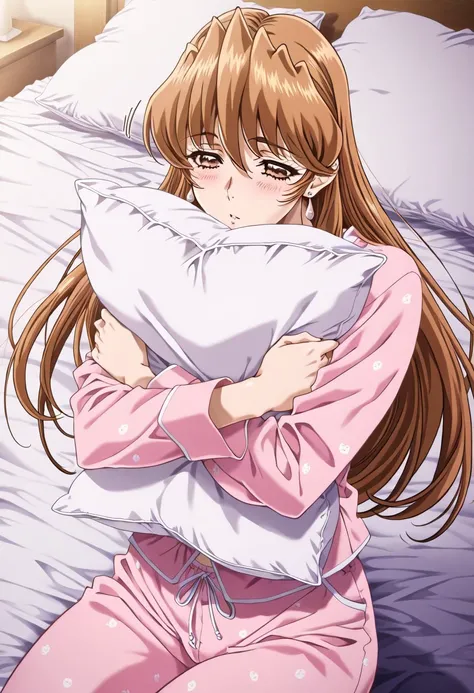 masterpiece, best quality, newest, highres, uncensored, 1girl, yokota mamoru style,motion lines,1girl,Sendou Nana,light Brown Hair, Long hair,Brown Eyes,Earrings,  1girl, solo, pajamas, brown hair, bed, pillow, blush, brown eyes, long hair, object hug