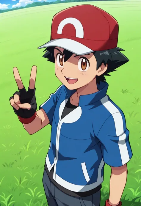 masterpiece, best quality, 
ashxyz, 1boy, male focus, solo, brown eyes, black hair, bangs, hat, baseball cap, red footwear, shirt, black shirt, jacket, blue jacket, short sleeves, upper body, smile, open mouth. gloves, black gloves, fingerless gloves,
outd...