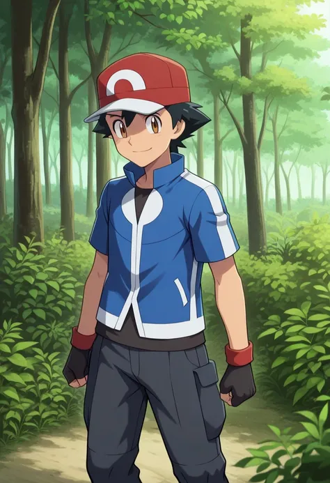 masterpiece, best quality, 
ashxyz, 1boy, male focus, solo, brown eyes, black hair, bangs, hat, baseball cap, red footwear, shirt, black shirt, jacket, blue jacket, short sleeves, gloves, black gloves, fingerless gloves, upper body, smile
outdoor,  nature,