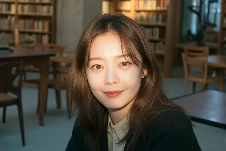 Headshot photo of jeonsomin in serene library setting bathed in soft, golden afternoon light. She is looking intently at the camera with a slight smile on her face. The intimate photo captures the details of her face. Behind her towering bookshelves filled...