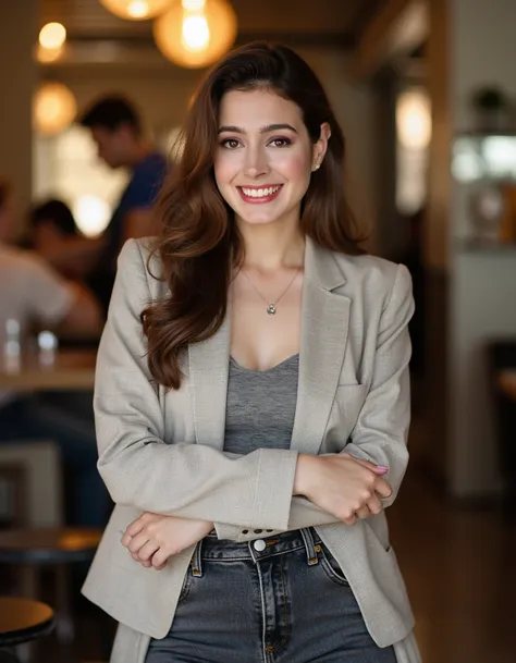 This is an image of SY0NG, a beautiful detailed photograph, makeup, wearing casual clothes, standing in a cafe looking at the viewer, smiling, showing her teeth.