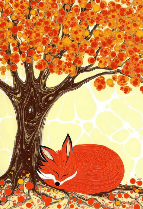 Ebru, Paper Marbling, A fox curled up and sleeping under a tree, the tree leaves are marbled patterns of autumn colors, patterned background, there is no watermark or signature on the image.