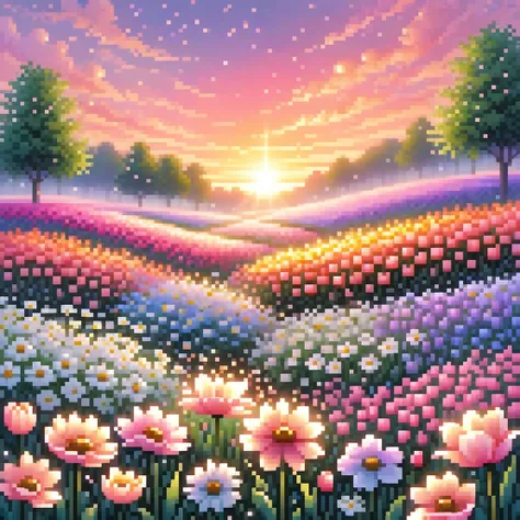 score_9, score_8_up, score_7_up, score_6_up, official art, A dreamy flower field filled with vibrant daisies, tulips, and wildflowers, bathed in ethereal golden-pink sunset light. Fluffy pastel clouds scatter across the sky, with beams of light filtering t...