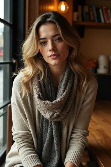 A beautiful photo of a woman captured on a high end camera. She is sitting in a cozy café, with a relaxed and contemplative expression. Her outfit is casual yet stylish: a light sweater and a scarf draped casually over her shoulders. The soft, ambient ligh...