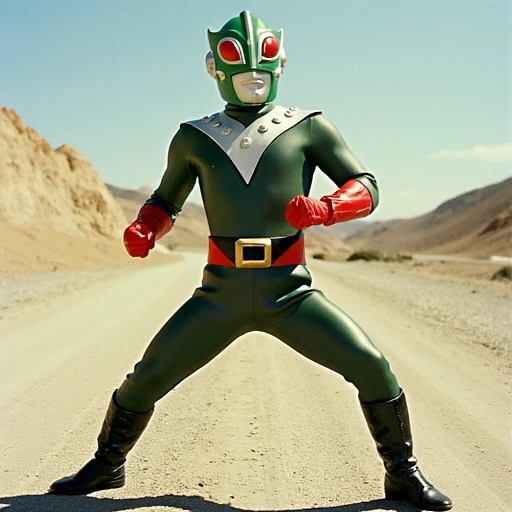 full body, mask, buckle, red eyes, red and black two-tone belt with gold buckle, green helmet, giant superhero, grows to a giant size and fights monsters, looking at viewer, boots, legs apart, solo, gem, bodysuit, red gloves, cowboy shot, shiny, 1boy, male...