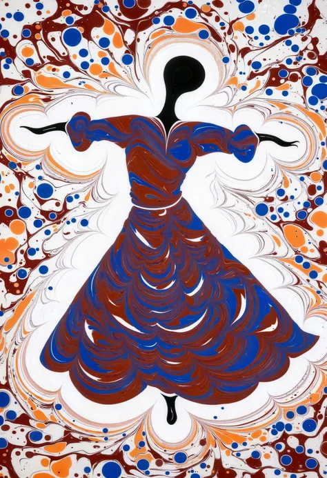 Ebru, Paper Marbling, A dancer spinning in a whirl of marbled colors, their dress blending seamlessly with the patterns, patterned background, there is no watermark or signature on the image.