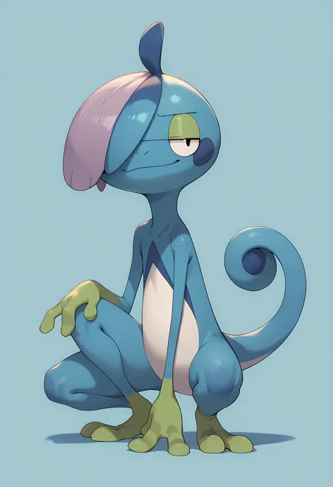 score_9, score_8_up, score_7_up, score_6_up, score_5_up, score_4_up, <lora:DrizzileF:0.95> ,drizzf, no humans, colored skin, blue skin, black eyes, hair over one eye, furry, tail, full body, one knee, smirk, 
light blue background, simple background,