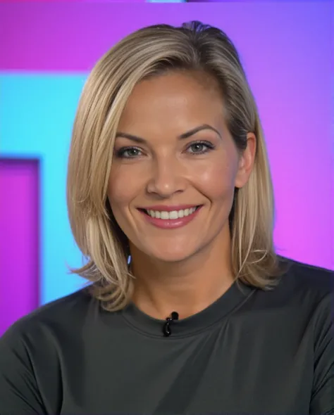 A professional close-up portrait photograph of a 30yo Caucasian woman Jisel wearing a tshirt, photographed against a brightly-coloured geometric background. Short blonde hair in a bob, detailed skin, bokeh, female focus, (SFW), smile <lora:Brandy_Ledford:1...