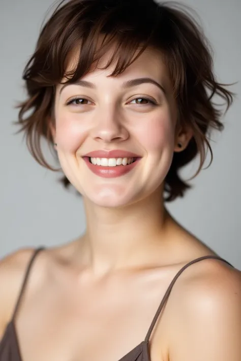 High quality realistic beauty shot of drewbflx. A close-up shot of a woman. She is wearing a camisole blouse. Her lips are a light pink color. Her hair is short and tousled. The backdrop is a light gray. She is giving a beautiful smile.