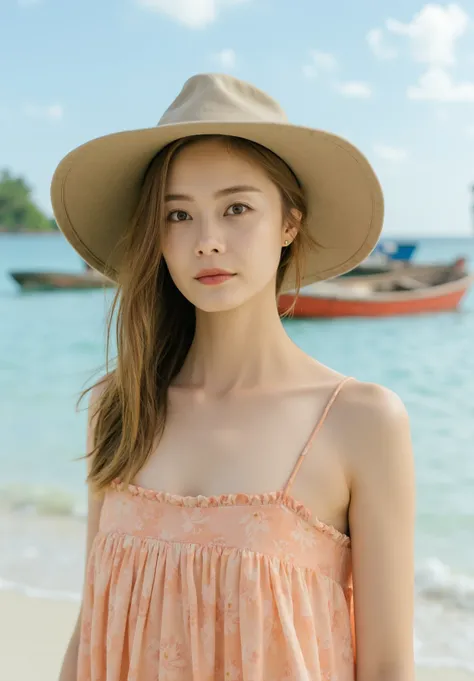 photo of jeonsomin woman, on a tropical island. She stands at the edge of the shore wearing a sundress. In the background a small old rickety boat. It is a lovely day at the beach. The photo captures a waist-up view, highlighting the details of her face. <...