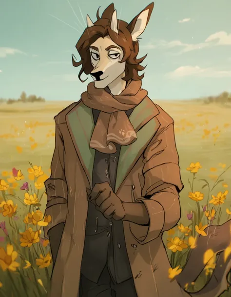 zPDXL3,<lora:LingrimmStyle_Pony:1>,furry,solo,black nose,1male,brown hair,beige skin,brown chin,eye bags,skinny,horn,anthro,tail,coat,standing,flower field,black eyes,Lingrimm,looking_at_viewer,