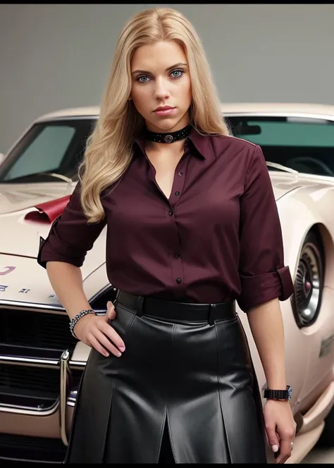 <lora:sc4rj0_SD15_SGX:1>,(medium close-up) photograph of (beautiful 24 year old) (sc4rj0:1.2) woman with blond hair,as a auto show model,wearing (burgundy blouse with black maxi skirt),beaded bracelets,(standing in front of a cherry red shelby cobra),in a ...