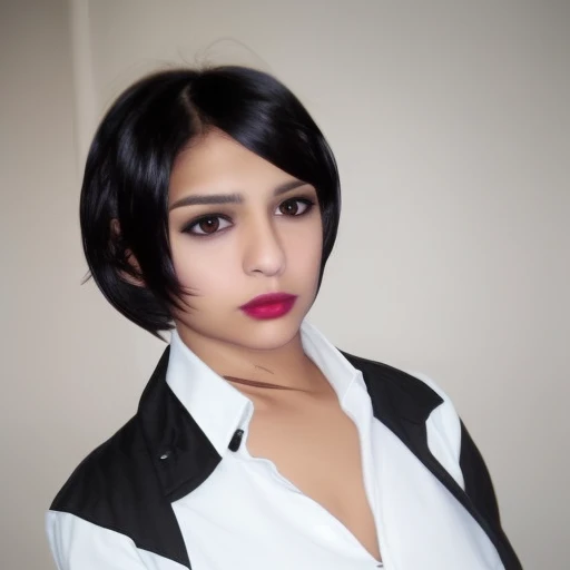 portrait, jacket, hair ornament, white shirt, black hair, blurry, lips, short hair, nail polish