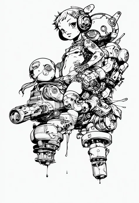 score_9, A black and white ink drawing of an extremely detailed character design, featuring multiple characters with mechanical parts sticking out from their bodies, riding on top of each other in the style of Japanese anime, in the style of kim-jjung gi, ...