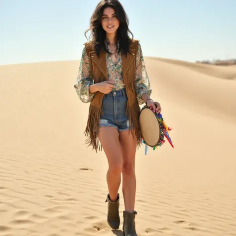 call1e, ultra realistic, ultra detailed textures, 8k, cinematic, cinematic lighting, film grain, analog photo shot with a 35mm, a woman standing on a vast desert landscape, she looks happy, slight smile, the sand stretching endlessly behind her. She wears ...