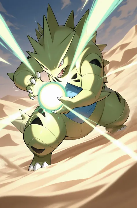 masterpiece, best quality,
<lora:kamehameha [IL]:0.7> kamehameha, energy ball, aura,
Tyranitar, pokemon, pokemon_(creature), sand, desert,