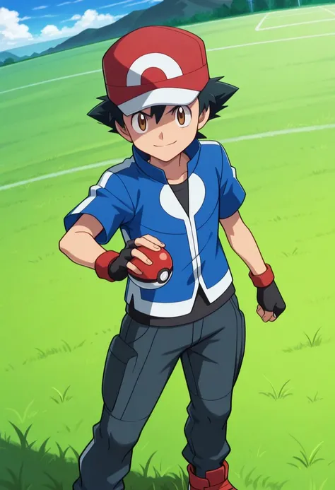 masterpiece, best quality, 
ashxyz, 1boy, male focus, solo, brown eyes, black hair, bangs, hat, baseball cap, red footwear, shirt, black shirt, jacket, blue jacket, short sleeves, upper body, smile holding pokeball, determined, gloves, black gloves, finger...
