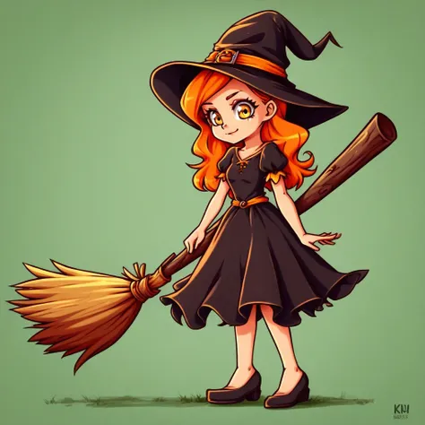 chibiwitch, 1girl, orange hair, yellow eyes,  witch hat, witch dress, broom