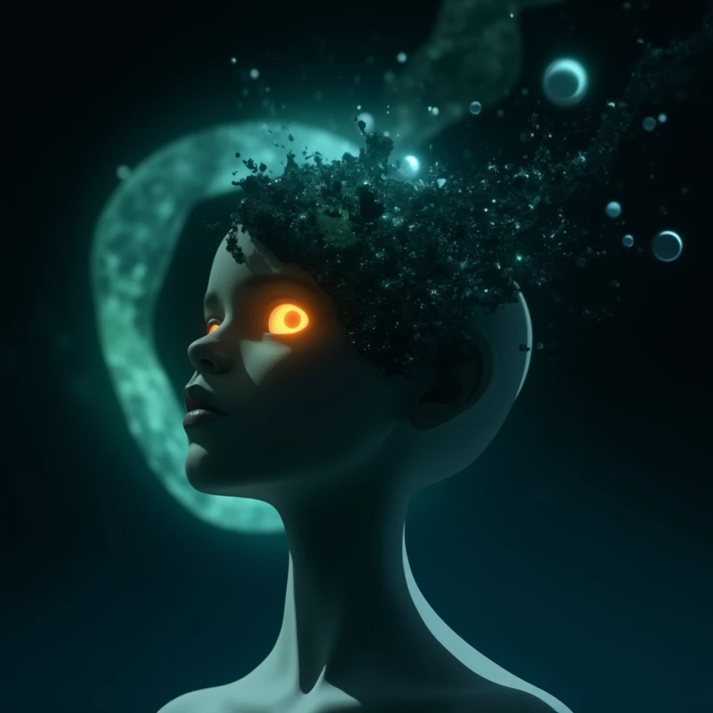 Anime screencap featuring a Minimalist and abstract side profile of a robot woman with a universe sprouting from her mind as she opens her eyes and attains consciousness for the first time in the dark. She has beautiful and intelligent bright orange eyes b...