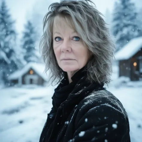 indoors, building, upper body, blurred, armor, outdoors, black shirt, voluptuous, Judy-Sums, messy hair, 65 years old, blue eyes, white shirt, snowing