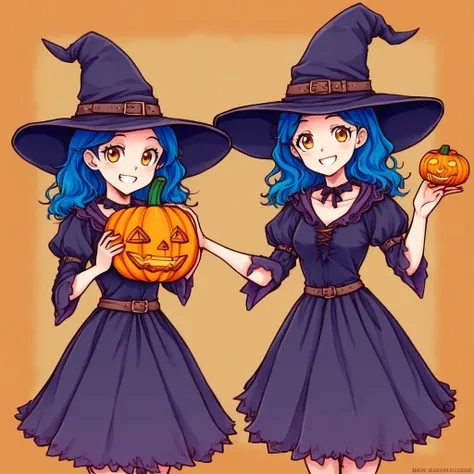 chibiwitch, 1girl, blue hair, witch hat, witch dress, smile, holding, pumpkin